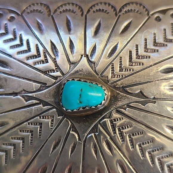 3"x2" Native American Navajo Sterling Silver Turquoise Hand Stamped Belt Buckle - Picture 2 of 8